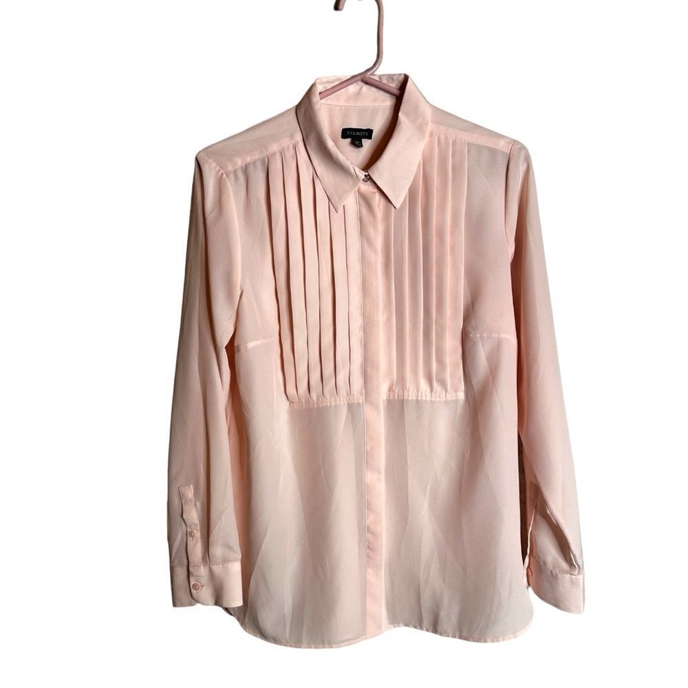 Talbots pink blouse with rhinestone top button accent. 1/2 button semi sheer med